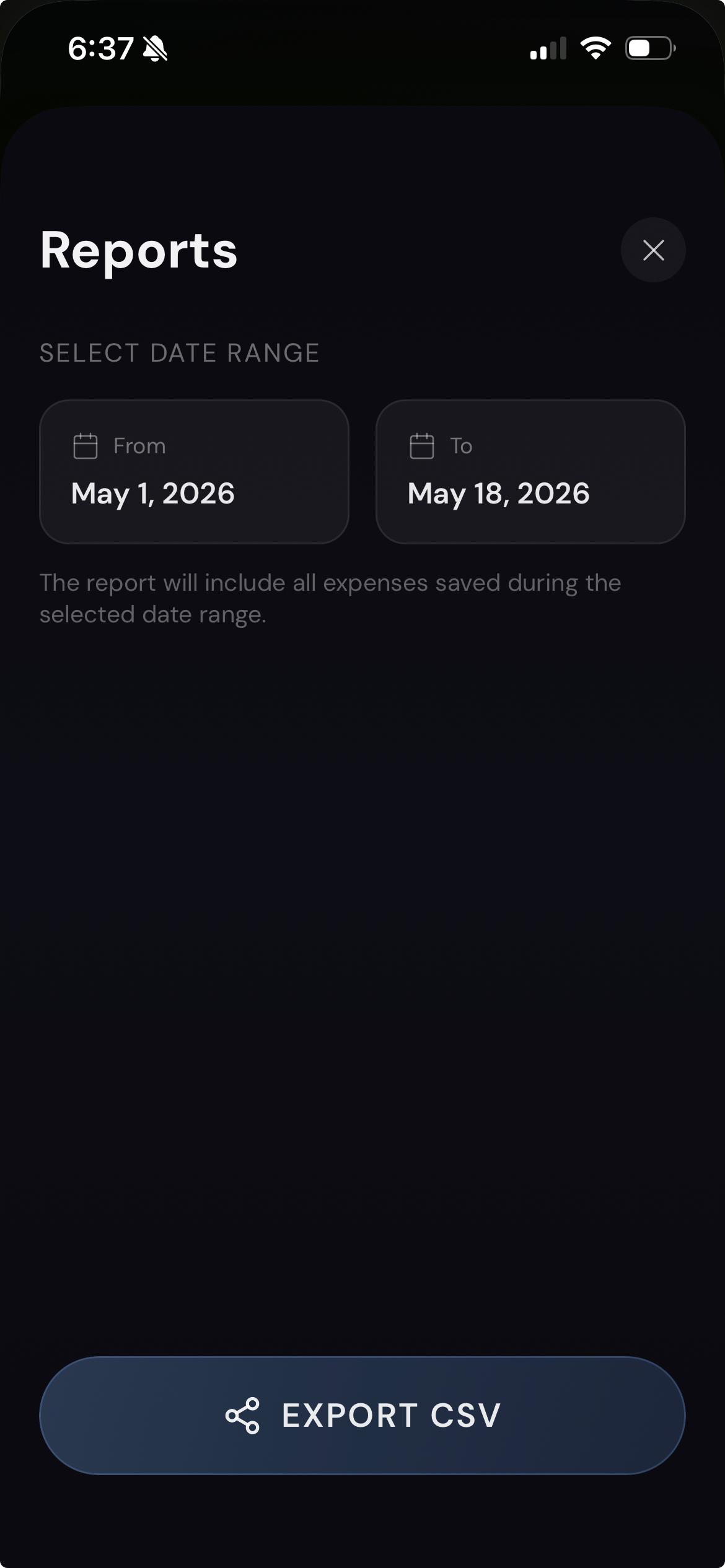 Reports screen with Export CSV option