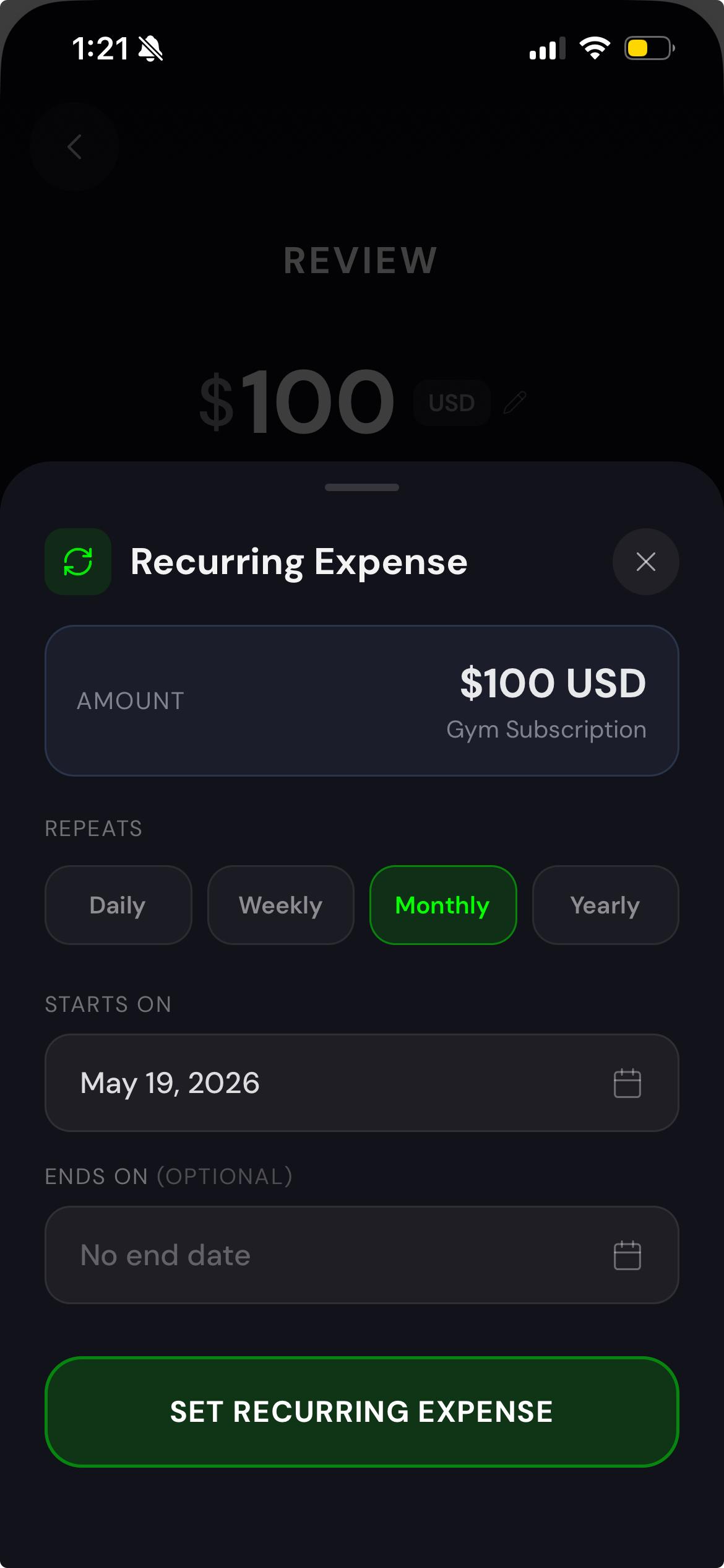 Recurring expense bottom sheet: Gym Subscription, $100 per month