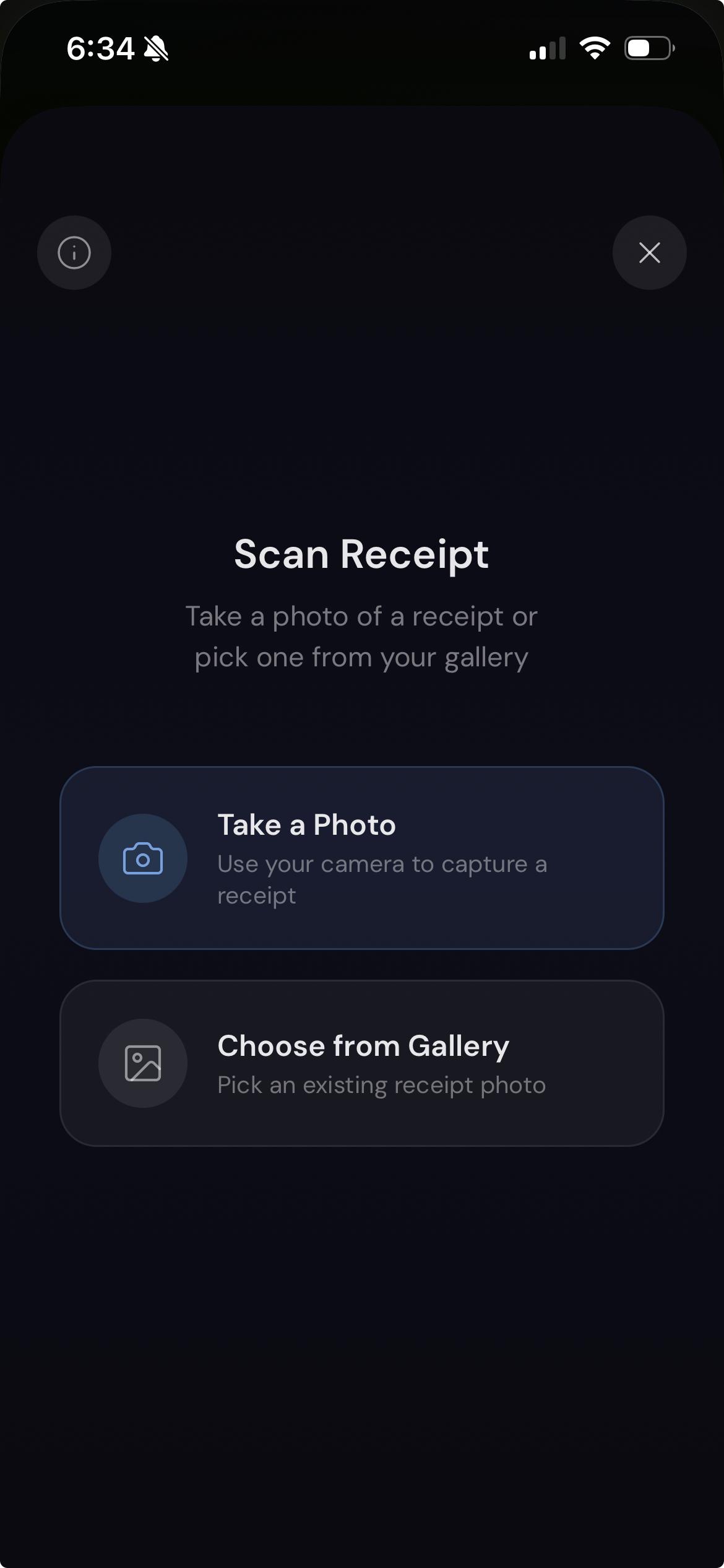 Receipt scan entry screen
