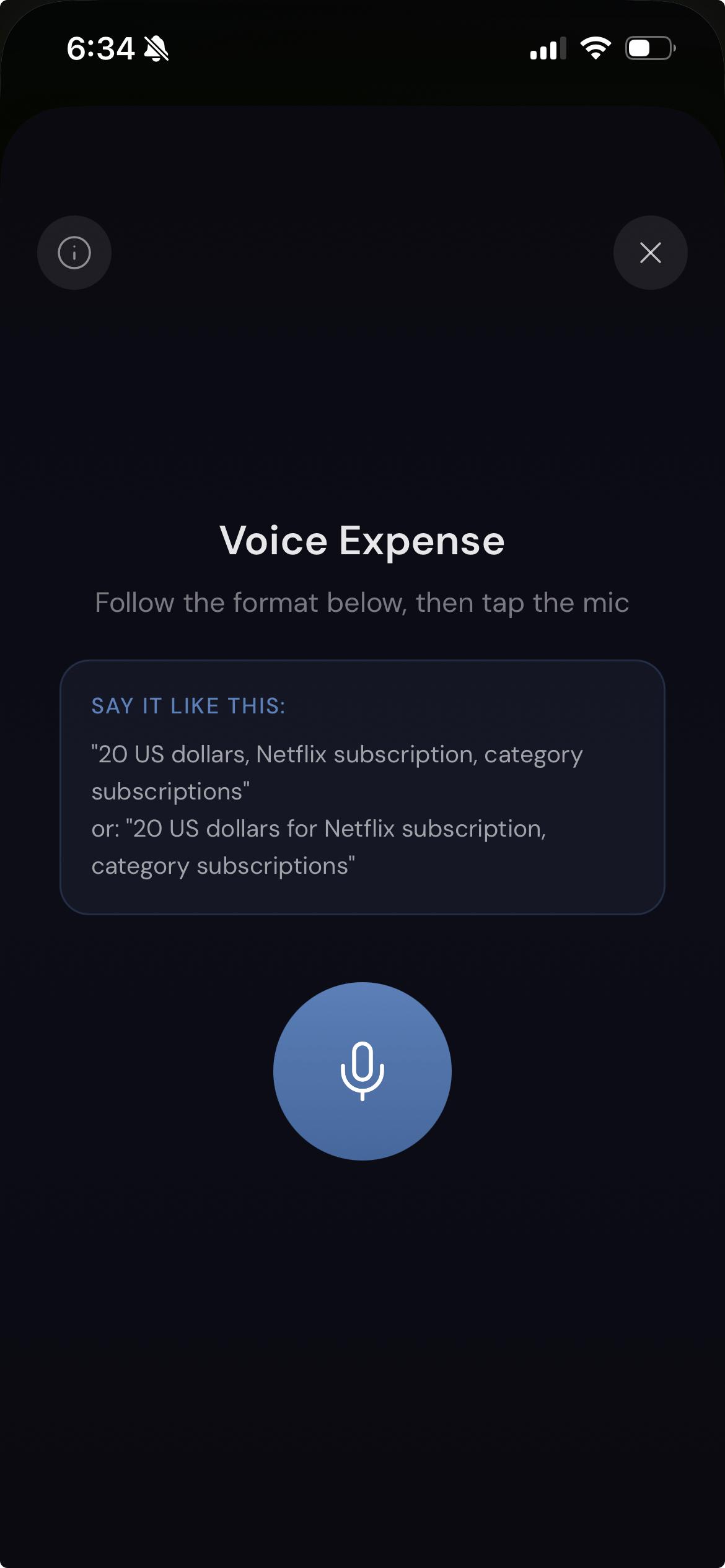 Voice expense entry screen